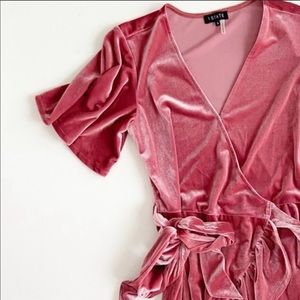 Pink Velvet Ruffle Flutter Wrap Dress